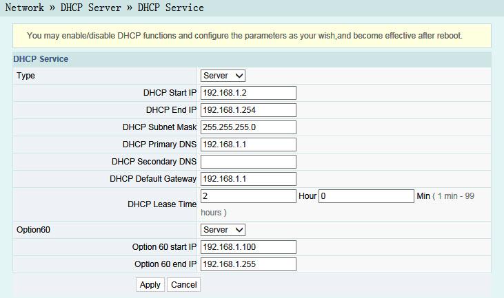 3 Web Configration Gide Figre 3-9 DHCP Service 2. Configre the DHCP server parameters as reqired. Table 3-4 describes the parameters. 3. Click Apply to save the configration information.