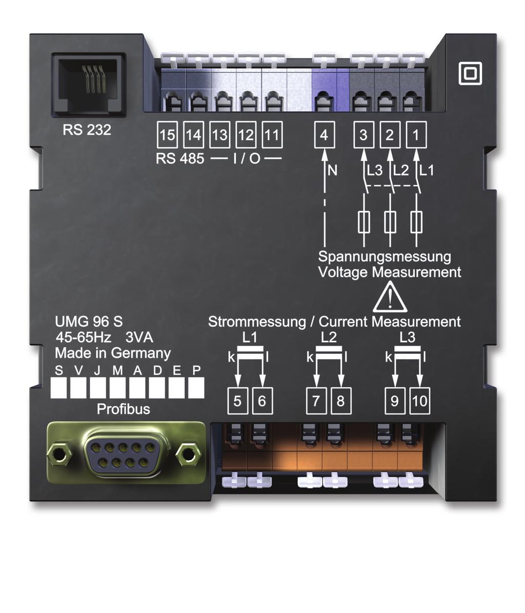 UMG 96S Connection illustration Dimensional drawing Illustration: reverse side of Profibus-Variant Switchboard cut-out 92 x