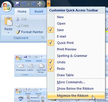 ECDL Module Three - Page 13 document. You can reduce the size of the Ribbon by clicking on the Customize Quick Access Toolbar icon: Select the Minimize the Ribbon command from the menu.