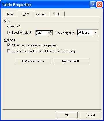 5 Select Specify Height Selecting Specify Height makes Word XP heighten the row by the height specifications you typed.