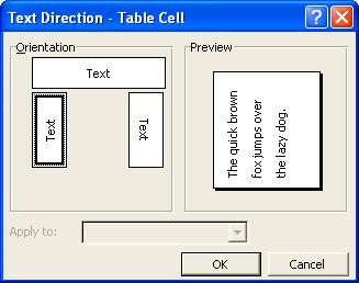 Rotating text in tables 1 Select the cells whose text is to be rotated 2 Select Format Introductory Word XP for Windows 3 Select Text Direction 4 Select the desired orientation for the text, under