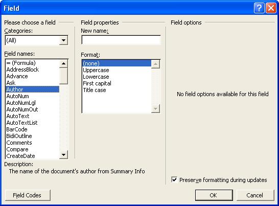 3 Select Field Introductory Word XP for Windows 4 Select the desired type of field, under Categories 5 Select the name of the field to be inserted, under Field Names 6 Click OK Non breaking spaces