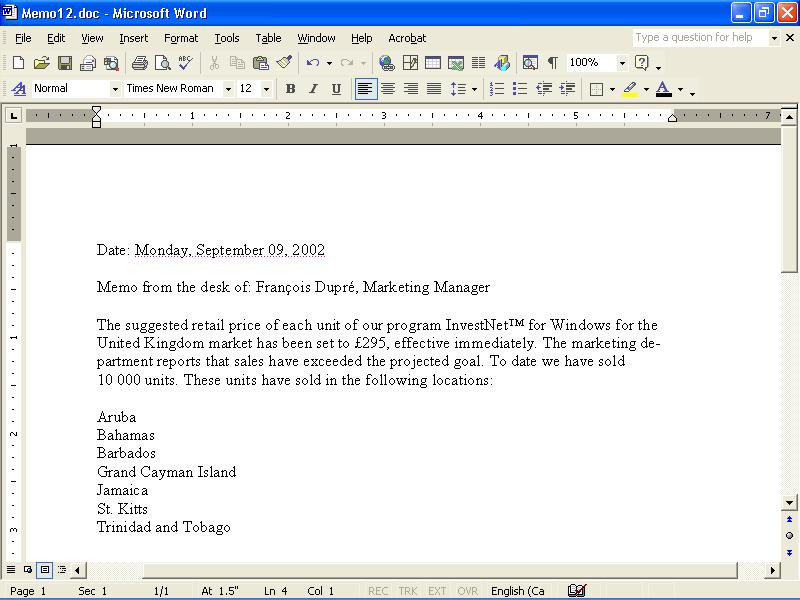 Exercise nine Introductory Word XP for Windows Make sure that the document Memo12.doc is open. edit the document so that it looks like the one below.
