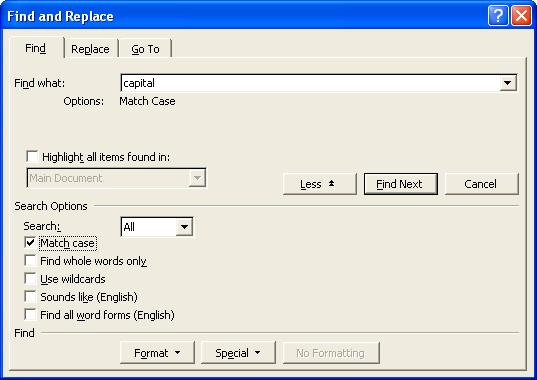 selecting Find Whole Words Only will make Word XP find all occurrences of the text, whether they are part of other words or not.