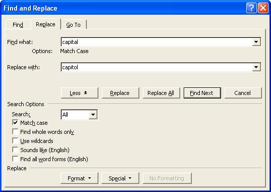7 Type the replacement text, under Replace With Introductory Word XP for Windows 8 Select All, Up or Down, under Search Selecting All will make Word XP search the whole document regardless of the