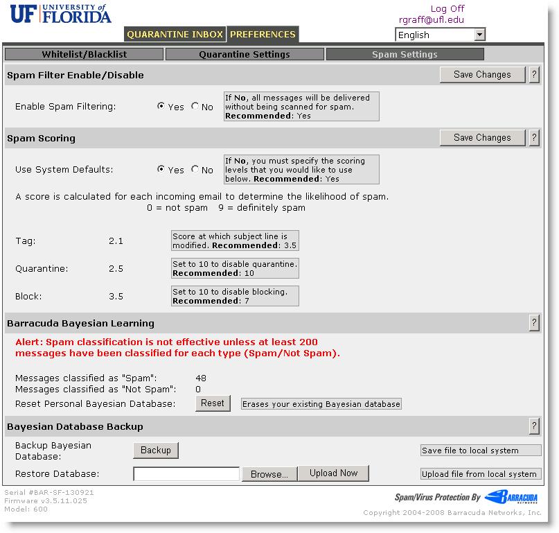 Spam Settings Enable Spam Filtering- This turns the Barracuda spam filter on or off. All mail will be delivered without being scanned for spam.