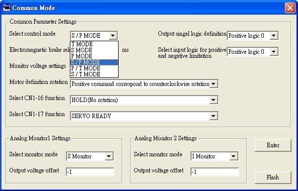 2.2 Parameters 2.2.1 Common Parameter Settings Example: Mode Selection S/P MODE Select a driver operation mode Enter button Burn Button.