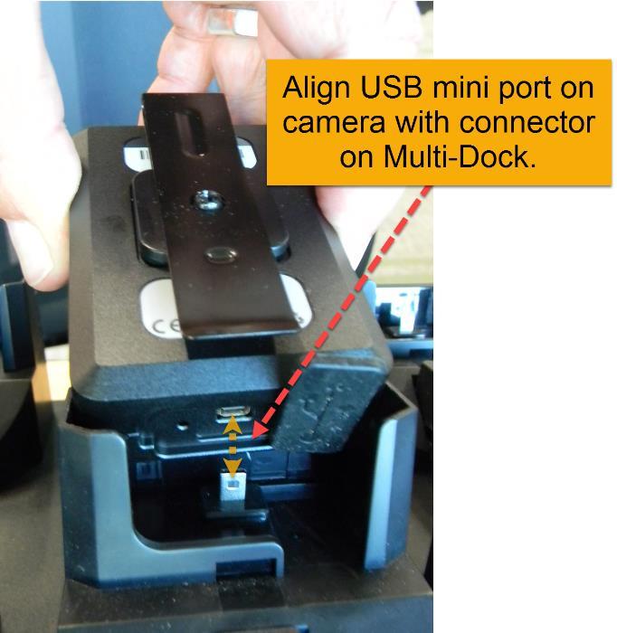 To connect an LE4 camera to the Multi-Dock: Loosen the rubber USB port cover on the camera and rotate