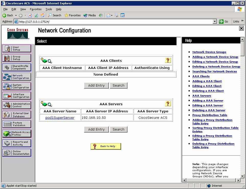 Figure 3-2: ACS Network Configuration Page Configure R1 as a RADIUS client as shown below, and then click Submit +