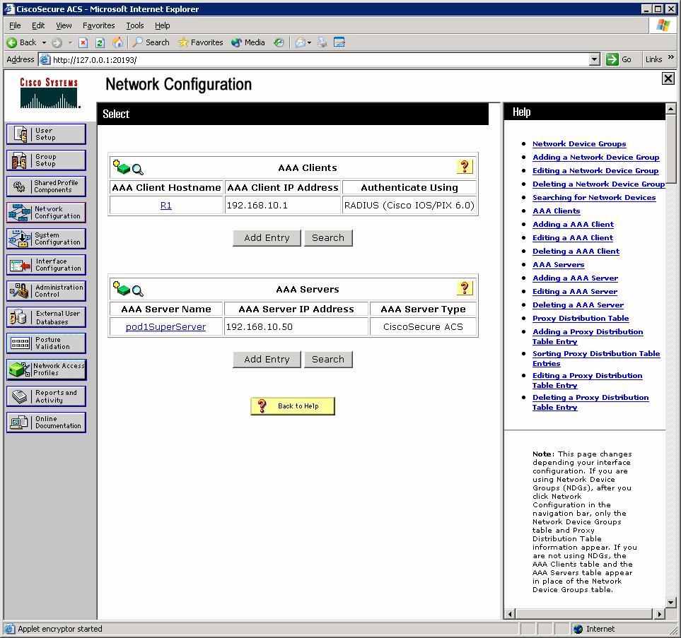 Figure 3-4: ACS Network Configuration Page, with Changes Applied Click the User Setup button on the left side.