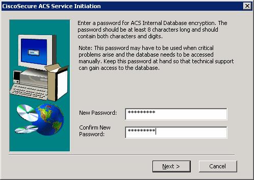 You must create a password for ACS internal database encryption. It must be at least eight characters and contain both letters and numbers. In the example below, ciscoacs4 is used as the password.