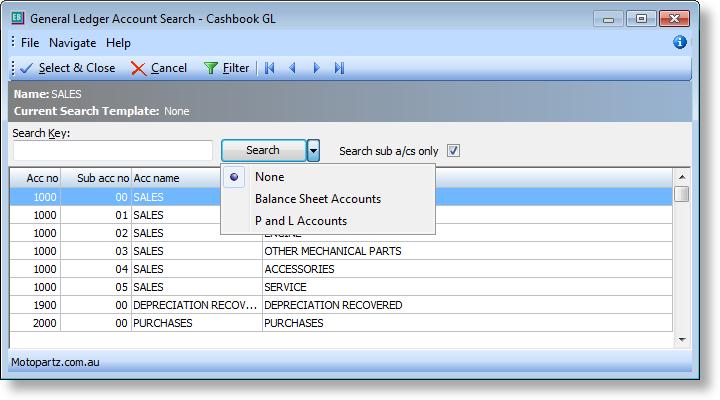 GL Account Searches The General Ledger Account Search window contains a dropdown containing all