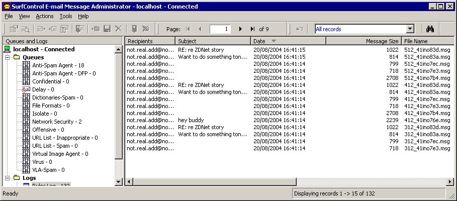 MESSAGE ADMINISTRATOR The Message Administrator Panels 7 Figure 7-9 shows a typical example of e-mails in the Rules Log: Figure 7-9 Message List panel Rules Log Arranging Columns You can show, hide,