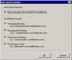 SETTING UP E-MAIL FILTER Configuring E-mail Connection Management 3 Procedure 3-7:Changing the Anti-Spoof/Anti-Relay settings Step Action 2 The Anti-Spoof Settings dialog box is displayed.