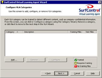 13 VIRTUAL LEARNING AGENT VLA Tutorial VLA TUTORIAL To help you learn to use the wizard, SurfControl provides documents that you can use to create a sample category called Confidential Travel.