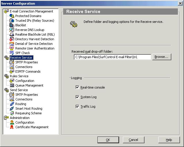 SETTING UP E-MAIL FILTER Configuring the Receive Service 3 RECEIVE SERVICE - GENERAL SETTINGS In the Service Configuration dialog box navigation panel, select Receive Service.