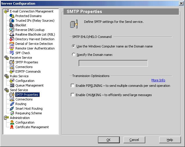SETTING UP E-MAIL FILTER Configuring the Send Service 3 Figure 3-10 shows a typical Send Service - SMTP Properties dialog box: Figure 3-10 Send Service - SMTP Properties dialog box SMTP EHLO/HELO