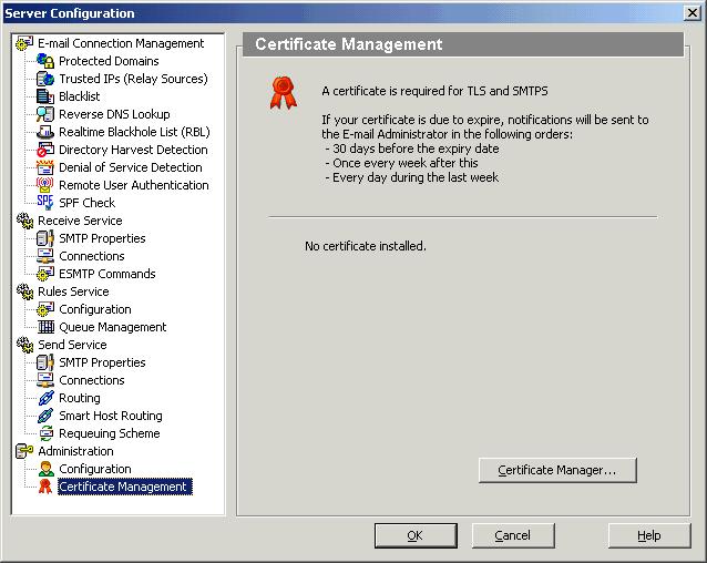 3 SETTING UP E-MAIL FILTER Configuring The Administration Service Figure 3-16 shows a typical Certificate Management dialog box if there is no certificate installed and there is no