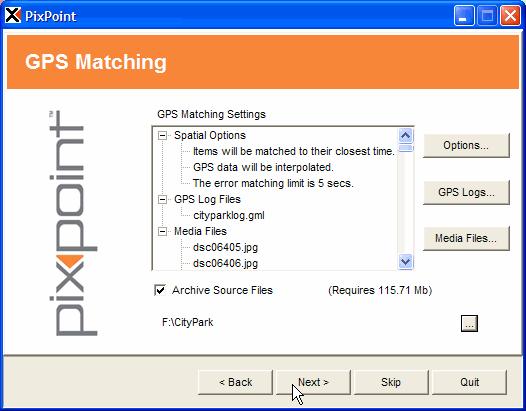 The GPS Matching Screen The GPS Matching screen enables you to set options for how to match GPS data to digital pictures, and specify the GPS