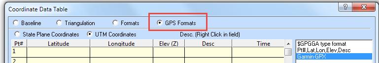 4) Select the UTM Coordinates radial button. 5) Pick the GPS Format, example Garmin GPX. 6) Click Open and click on the GPS data file to open.