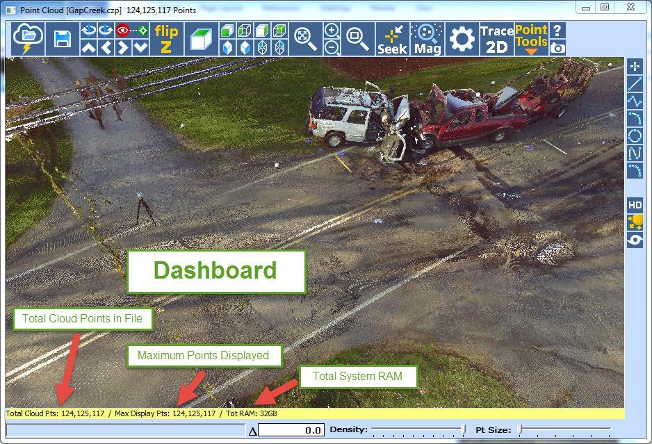 Dashboard Hover your cursor over any part of the CZ Point Cloud dialog border (blue areas) and the point cloud dashboard will appear in yellow at the bottom of the point cloud dialog.