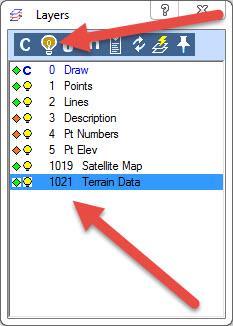 2. Layer Manager a. Open up Layer Manager. b. Select Layer "1021 Terrain Data". c. Click on the "light bulb" button in Layer Manager to turn off the terrain data point display.