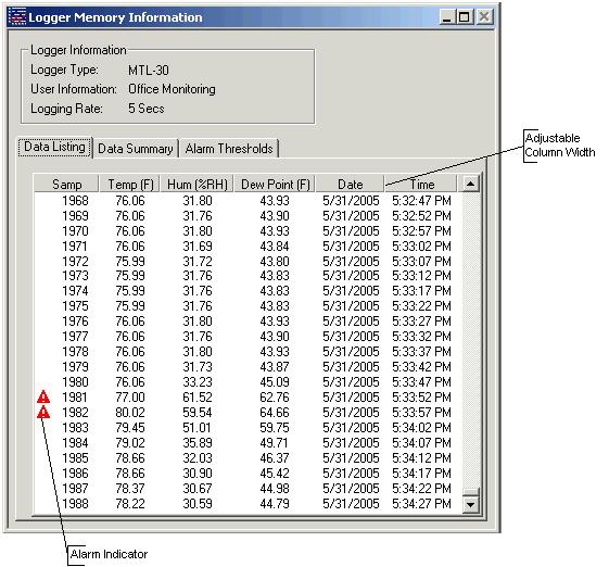 DwyerLog User s Guide Version 1.4x 13/33 Data Listing Window The data listing window is shown below. The Data pane lists the data samples collected by the logger.
