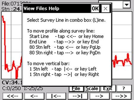 When moving displayed profile along survey line: button labeled <<-- or key Home moves display to the start of the currently displayed survey line, the left most station is the start station of the