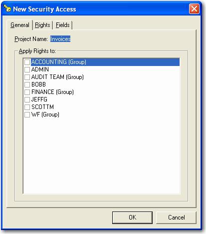 Chapter 5 - Project Administration 3. Select the New button on the toolbar or right click on Security Access and select New Security Access from the menu. The New Security Access screen is displayed.