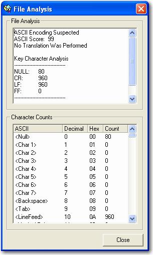 Chapter 6 Report Management File Analysis The Analyze File button performs a file analysis on a portion of the sample file that gives clues as to the contents of the file, as well as different