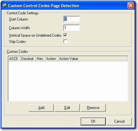 Chapter 6 Report Management Custom Control Codes This page detection method provides for the identification of a single character or a string of characters that are located within a defined column