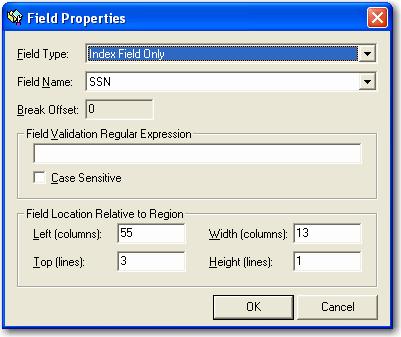 Chapter 6 Report Management Field Properties Field Type Field Name Break Offset Indicates the type of field: Index Field and Document Break: Saves the data within the field for document retrieval AND