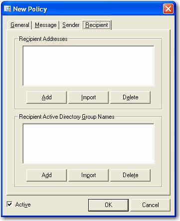Chapter 9 Message Capture Message Capture Policy Recipient Recipient Addresses Recipient Active Directory Group Names A list of regular expressions that are evaluated.