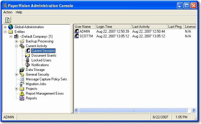 Chapter 4 Entity Administration Current Activity Current Sessions As users log into PaperVision Enterprise (not the Administration Console), a session is started.