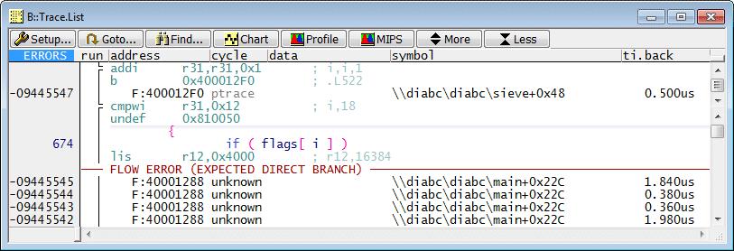 A FLOW ERROR is indicated (list not complete): if TRACE32 detects an invalid trace packet. if TRACE32 can not decode a trace packet.
