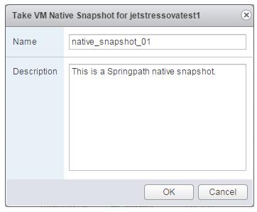 Selecting the Snapshot Now item from the Springpath right-click menu item brings up a simple snapshot wizard. You simply enter the name of the snapshot for the or folder and click OK.