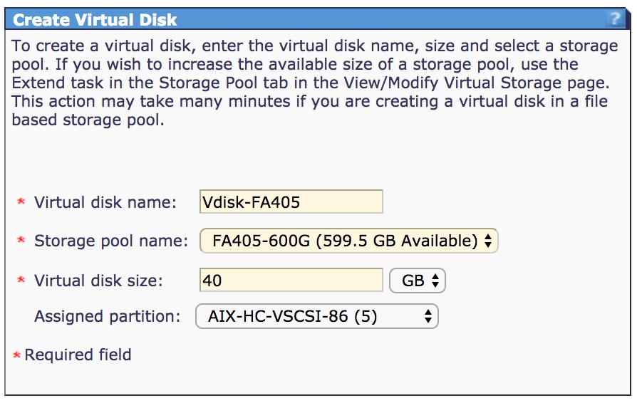 600G, the Virtual Disk size (here 40G) and assign the partition if it has been created.