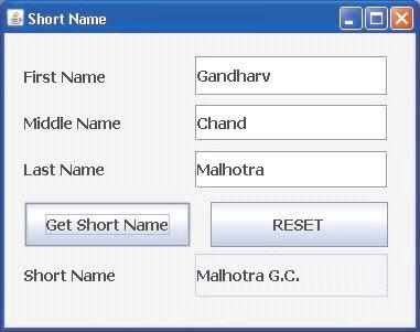 Short Name. The aim of the application is to accept the First Name, Middle Name and the Last Name from the user and display his short name (i.e Last Name followed by his initials).