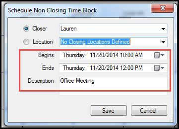 Complete the fields as needed and select Save. Blocked off time will appear as a tan color on the schedule.