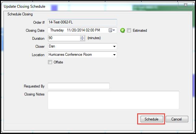 Make the appropriate changes to the Date, Duration, Closer and/or Location and select the