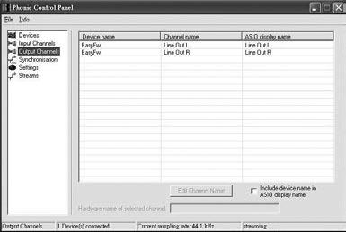 Input Channels: The Input Channels section allows users to view and edit the name of the various input channels received from the FireWire input.