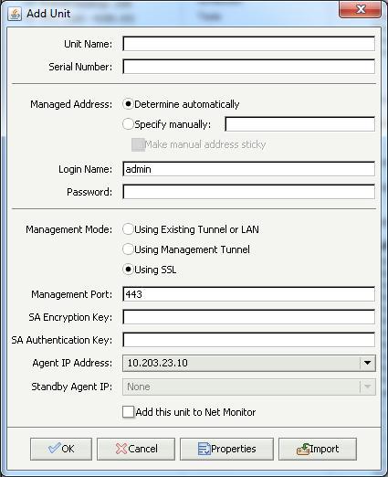The Add Unit dialog box appears: 6 Enter a descriptive name for the Dell SonicWALL appliance in the Unit Name field. Do not enter the single quote character ( ) in the Unit Name field.