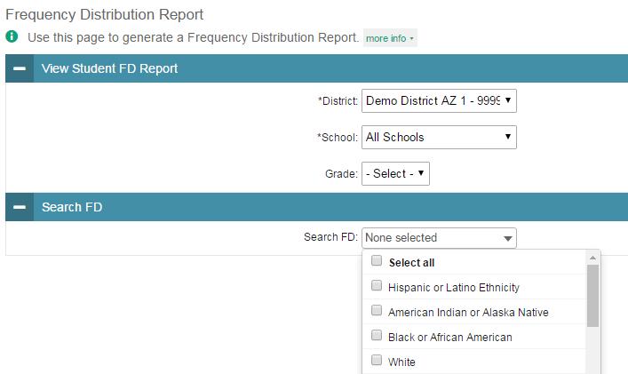 To generate frequency-distribution reports: 1. From the Students task menu on the TIDE dashboard, select Frequency Distribution Report. The Frequency Distribution Report page appears.