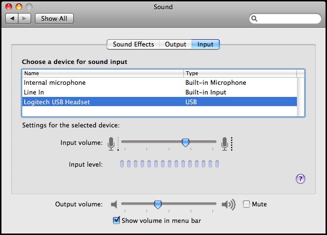 sending audio. Select the desired device for both Output and Input.