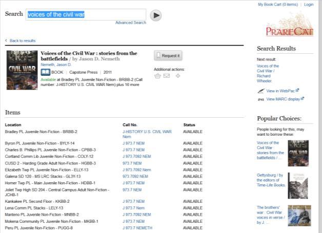 A brief result record includes the title, author and brief publication information. You can click on see all to see a list of the libraries that have that item.