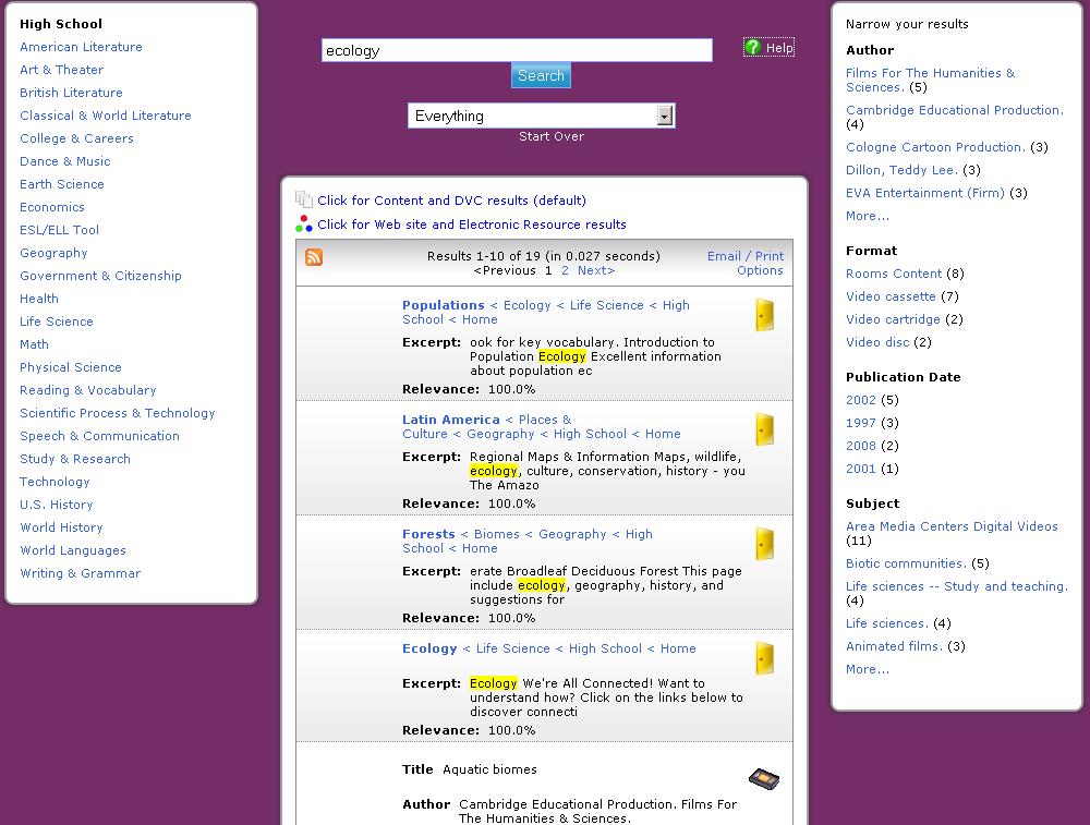 The Search Results Screen You may have 2 sets of results.. Content and DVC results this is what you see displayed first.