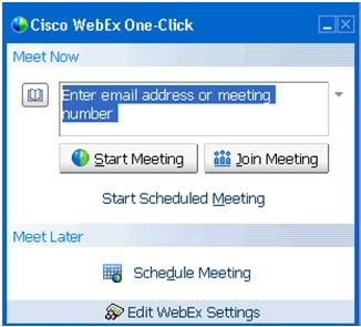 Joining a meeting via One-Click: To open the One-Click panel: Double-click the WebEx One-Click icon on your desktop. OR Go to Start > Programs > WebEx > WebEx One-Click > WebEx One-Click.