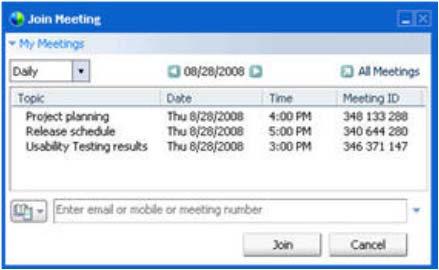 The Join Meeting dialog box opens and shows a list of meetings you are invited to for the current day.
