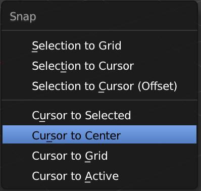 Cursor will move to that point. You can also use the Snap Menu to move it around. Press Shift + S to bring up the Snap Menu, and here you can choose among several ways of moving the 3D Cursor.