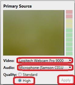 5. Under the red Record button is the Primary Source section. a. For Video : select the webcam that is being used (you can use the default webcam) b.